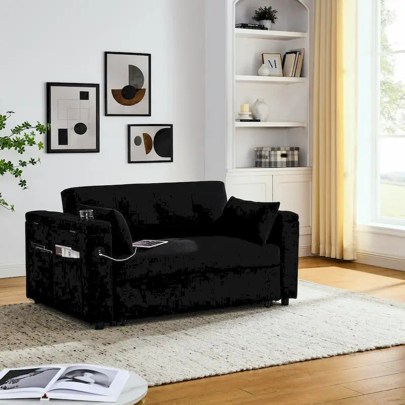 54 Pull-Out Sleeper Sofa Bed, 2 Seat Recliner Sofa Bed with Storage, Lumbar Pillow, USB Power Outlet