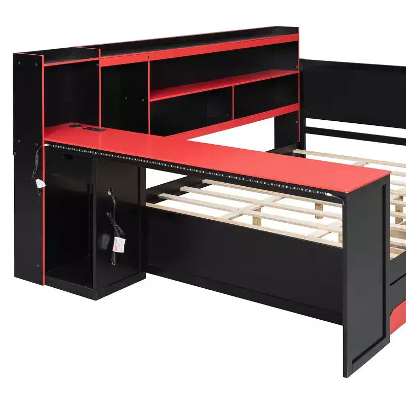 Gamer Hub Daybed with Desk, RGB Lights, Charging Station, Storage Drawers & Bookcase Headboard