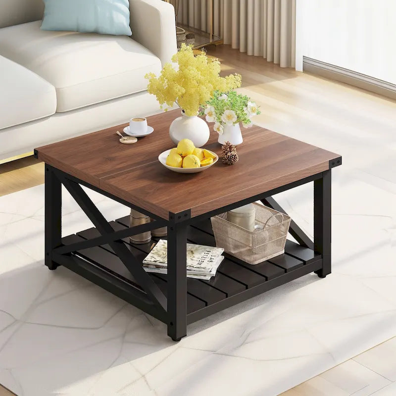 Moasis Farmhouse Square Lift Top Coffee Table with Storage Shelf for Living Room