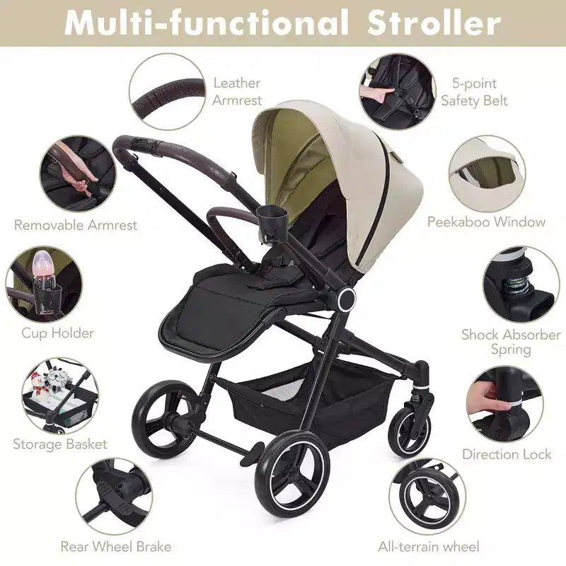 Baby Stroller, Foldable Stroller - High Landscape Pushchair for Newborn & Toddler, Convertible Pram with Reversible Backrest