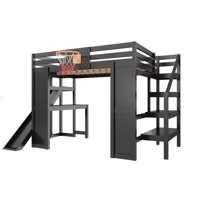 Luxystar Full Wooden Loft bed with Desk, Slide, Basketball hoop and Storage Staircase for Kids and Teens