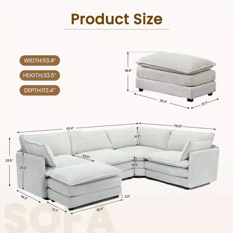 Modern 113.4D*79.13W Oversized Corduroy Modular 5-Seat Sectional Sofa Set with Ottoman U Shaped Sofa Couch with Corner Sofa,HYLEORY
