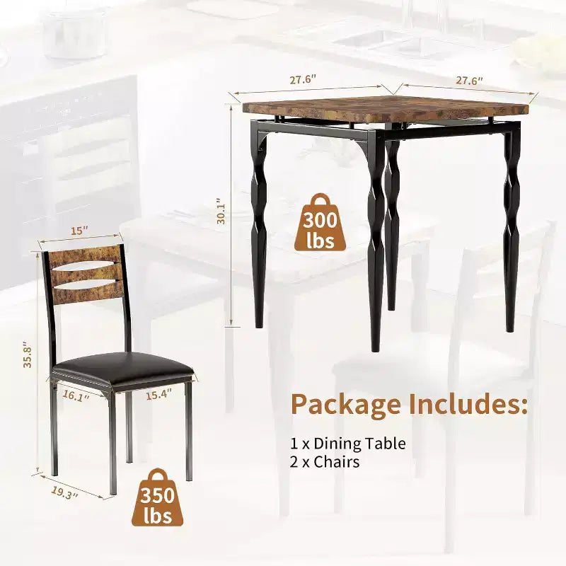 3-Piece Dining Set for Small Spaces, Table & 2 Chairs with Spiral Legs, Compact Kitchen Table Set for Apartments