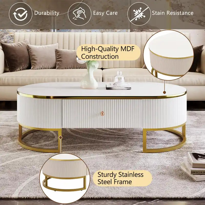 47.2 Oval Engineered Wood Coffee Table With Storage Drawers
