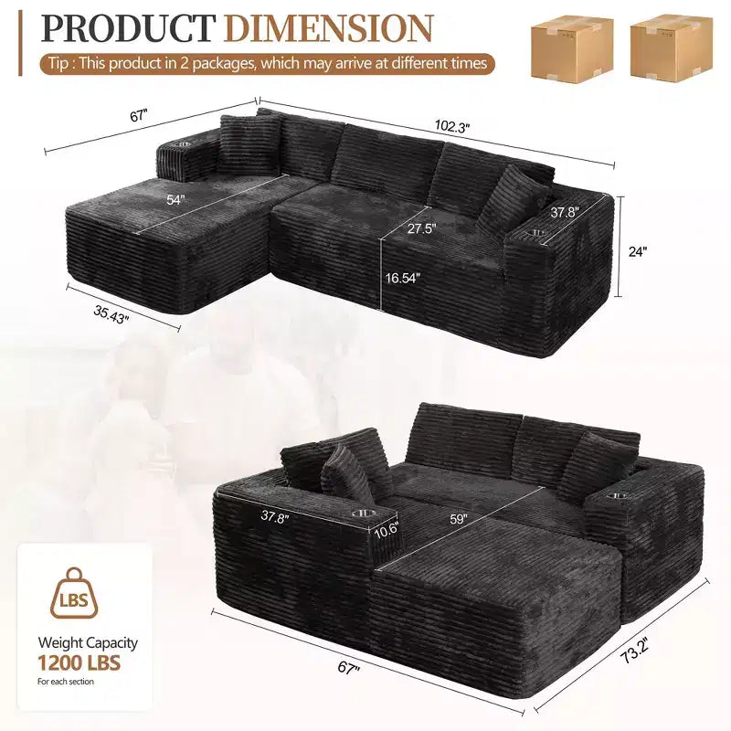 Celebalcony 103 Boneless Modular Sectional Sofa, L-Shaped Chaise with 2 Cup Holders, Plush Corduroy Cloud Couches for Living Room, No Assembly