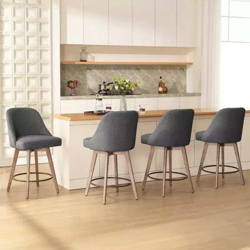 Lot de 4 tabourets de bar pivotants à hauteur de comptoir Bekrvio 26 po avec dossiers et pieds en bois, tabourets de bar rembourrés en tissu lin/similicuir pour îlot de cuisine