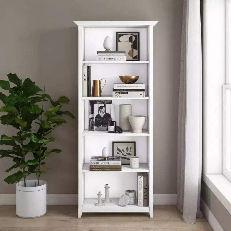 70 Five-Shelf Solid Wood Bookcase - Lacquered Pine, 4 Adjustable Shelves
