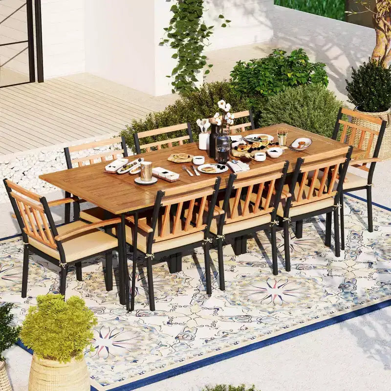 Costway 9 PCS Patio Dining Set with 8 Chairs Acacia Wood Table Top Umbrella Hole for Yard