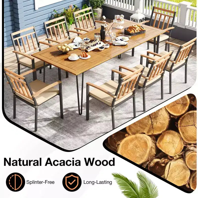 Costway 9 PCS Patio Dining Set with 8 Chairs Acacia Wood Table Top Umbrella Hole for Yard