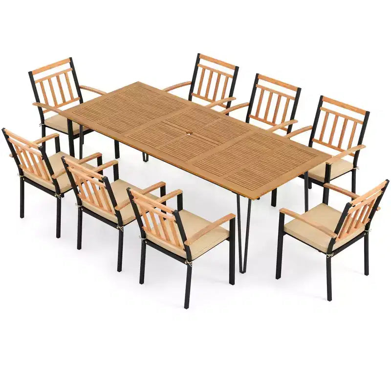 Costway 9 PCS Patio Dining Set with 8 Chairs Acacia Wood Table Top Umbrella Hole for Yard