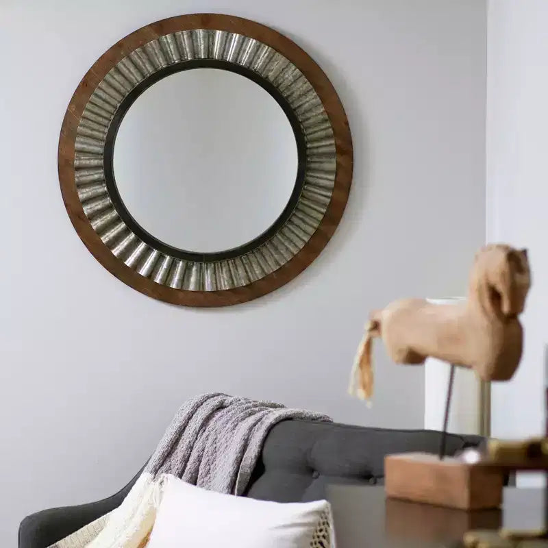 Wood Framed Sunburst Metal Mirror, Brown