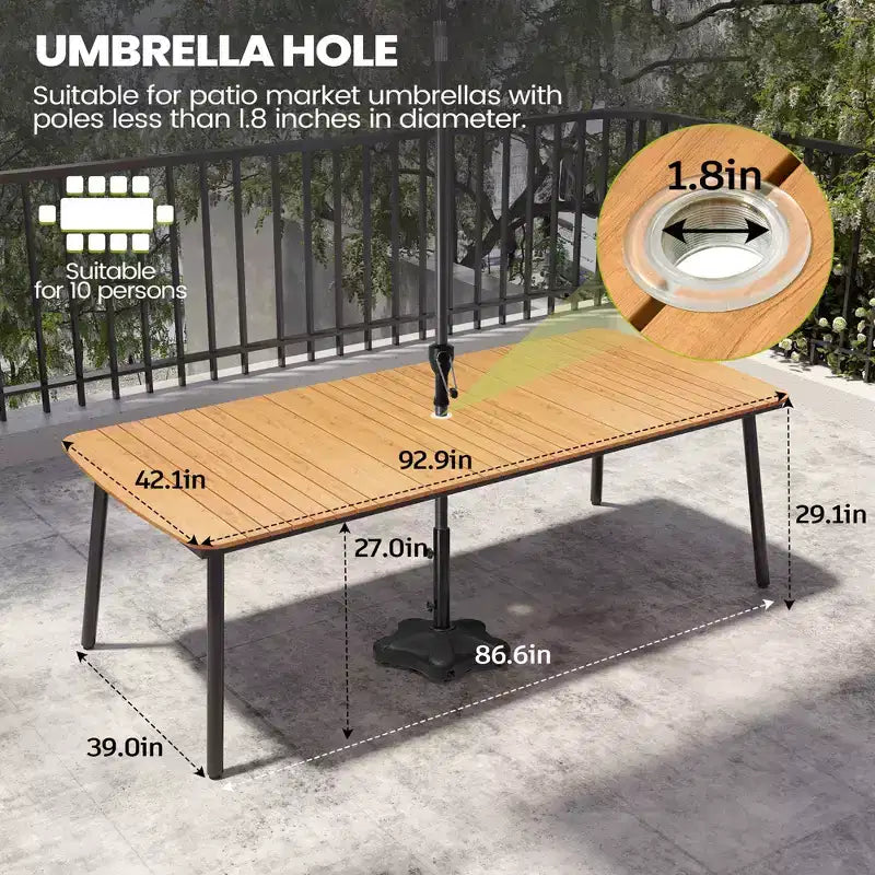 Ensemble de salle à manger d'extérieur Crestlive Products 7 pièces pour 6 personnes Table de patio rectangulaire Cadre en aluminium avec plateau imitation bois et trou pour parasol