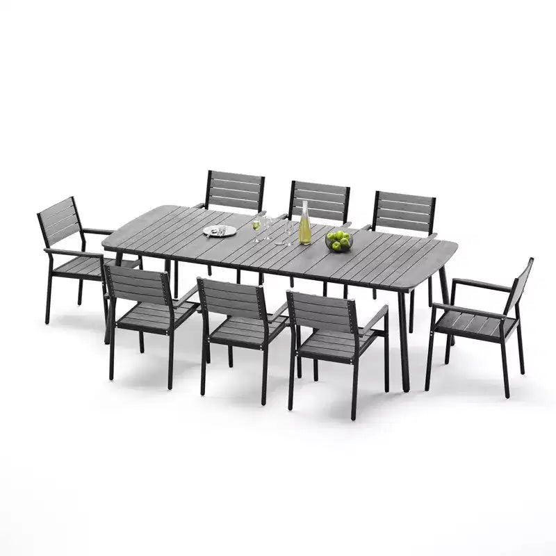 Ensemble de salle à manger d'extérieur Crestlive Products 7 pièces pour 6 personnes Table de patio rectangulaire Cadre en aluminium avec plateau imitation bois et trou pour parasol