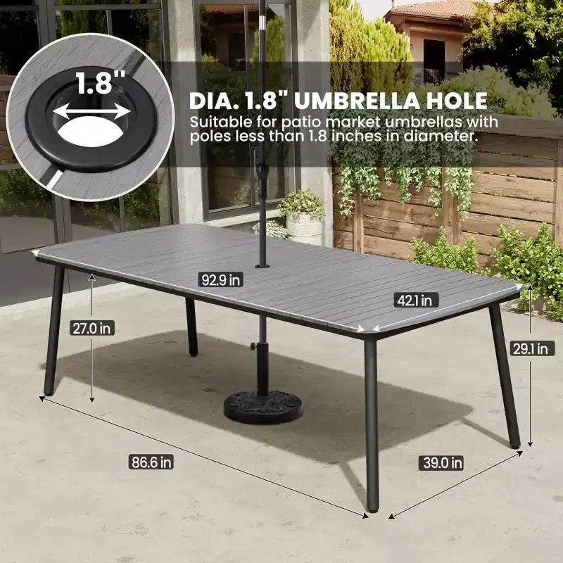 Ensemble de salle à manger d'extérieur Crestlive Products 7 pièces pour 6 personnes Table de patio rectangulaire Cadre en aluminium avec plateau imitation bois et trou pour parasol