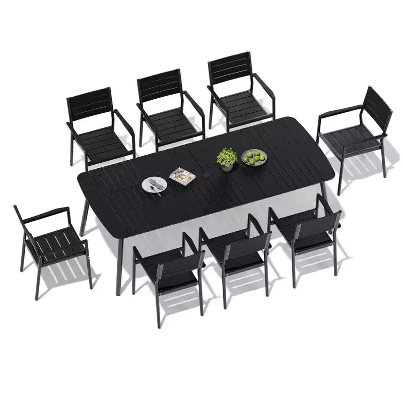 Ensemble de salle à manger d'extérieur Crestlive Products 7 pièces pour 6 personnes Table de patio rectangulaire Cadre en aluminium avec plateau imitation bois et trou pour parasol
