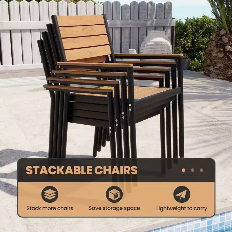 Ensemble de salle à manger d'extérieur Crestlive Products 7 pièces pour 6 personnes Table de patio rectangulaire Cadre en aluminium avec plateau imitation bois et trou pour parasol