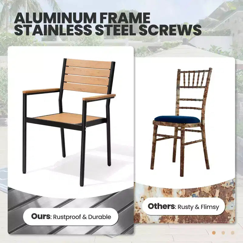 Ensemble de salle à manger d'extérieur Crestlive Products 7 pièces pour 6 personnes Table de patio rectangulaire Cadre en aluminium avec plateau imitation bois et trou pour parasol