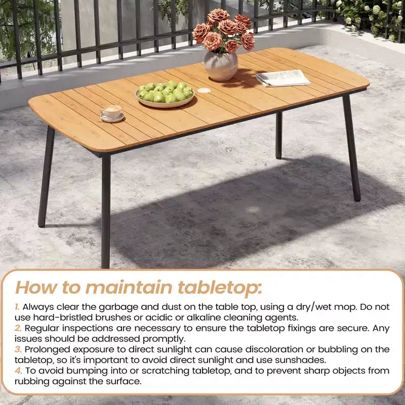 Ensemble de salle à manger d'extérieur Crestlive Products 7 pièces pour 6 personnes Table de patio rectangulaire Cadre en aluminium avec plateau imitation bois et trou pour parasol