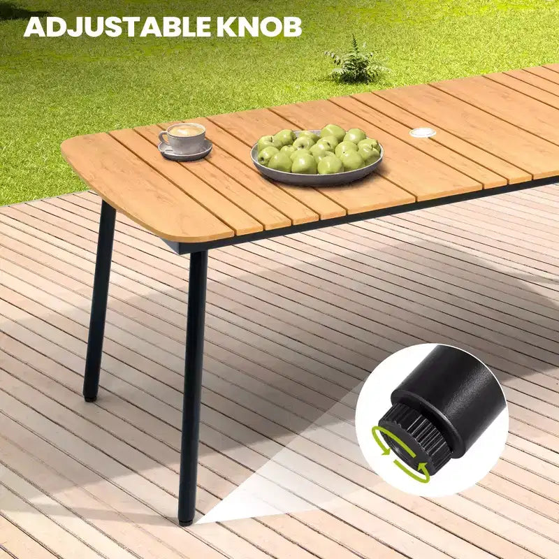 Ensemble de salle à manger d'extérieur Crestlive Products 7 pièces pour 6 personnes Table de patio rectangulaire Cadre en aluminium avec plateau imitation bois et trou pour parasol