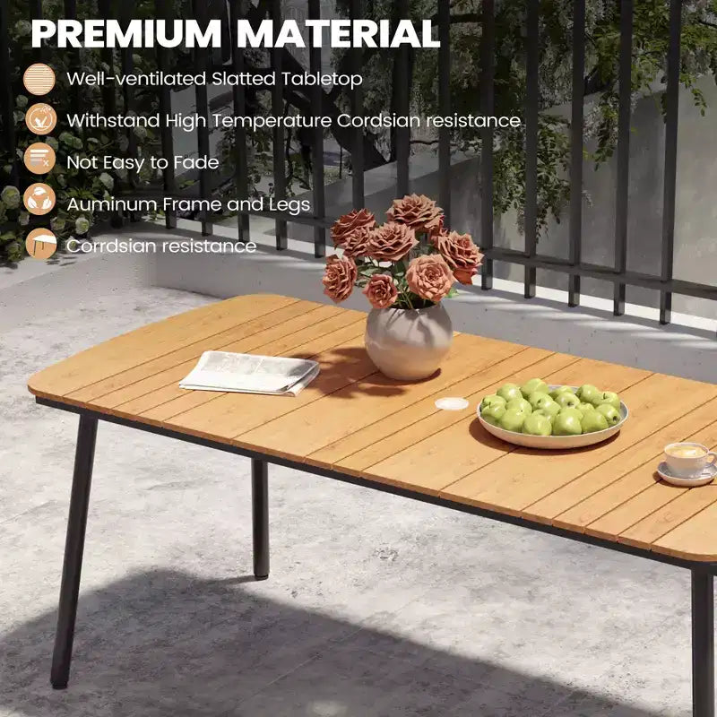 Ensemble de salle à manger d'extérieur Crestlive Products 7 pièces pour 6 personnes Table de patio rectangulaire Cadre en aluminium avec plateau imitation bois et trou pour parasol