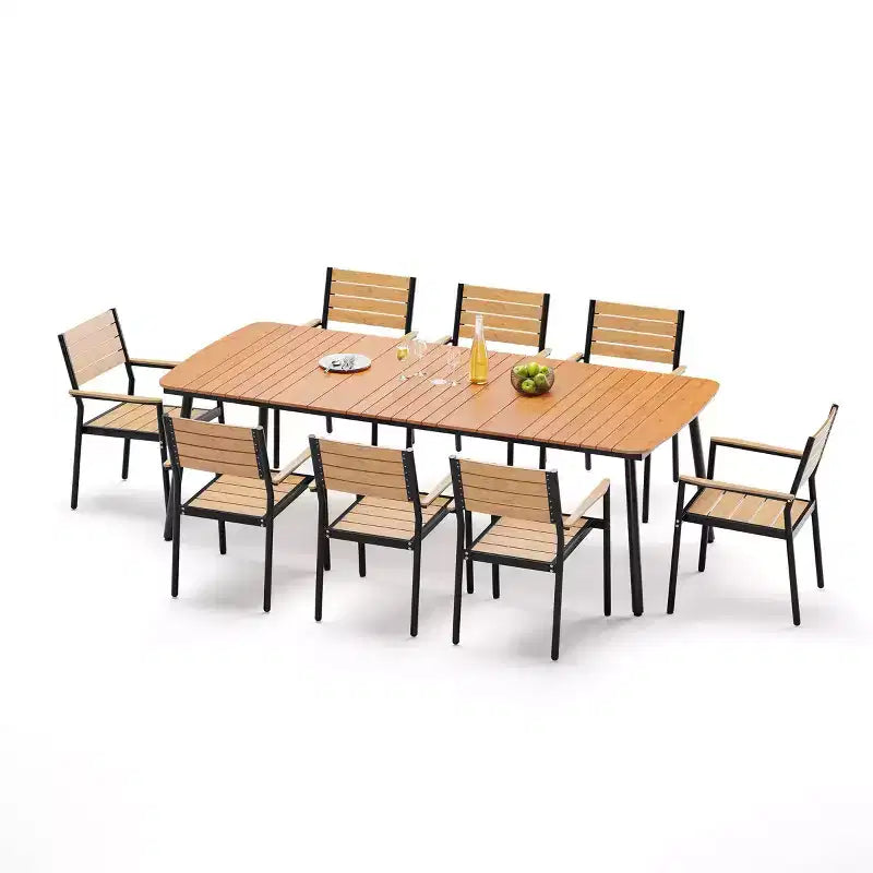Ensemble de salle à manger d'extérieur Crestlive Products 7 pièces pour 6 personnes Table de patio rectangulaire Cadre en aluminium avec plateau imitation bois et trou pour parasol