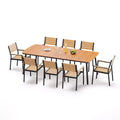 Ensemble de salle à manger d'extérieur Crestlive Products 7 pièces pour 6 personnes Table de patio rectangulaire Cadre en aluminium avec plateau imitation bois et trou pour parasol
