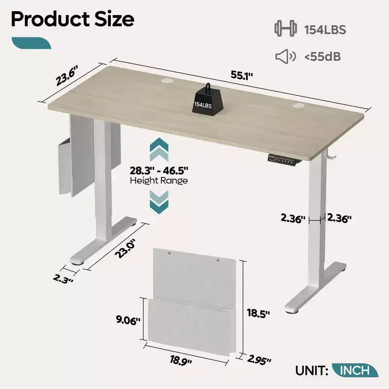 Bestier 55 Electric Standing Computer Desk with USB Port, Height Adjustable Simple Home Office Desk with Hooks & Side Bag, Sit to Stand workstation