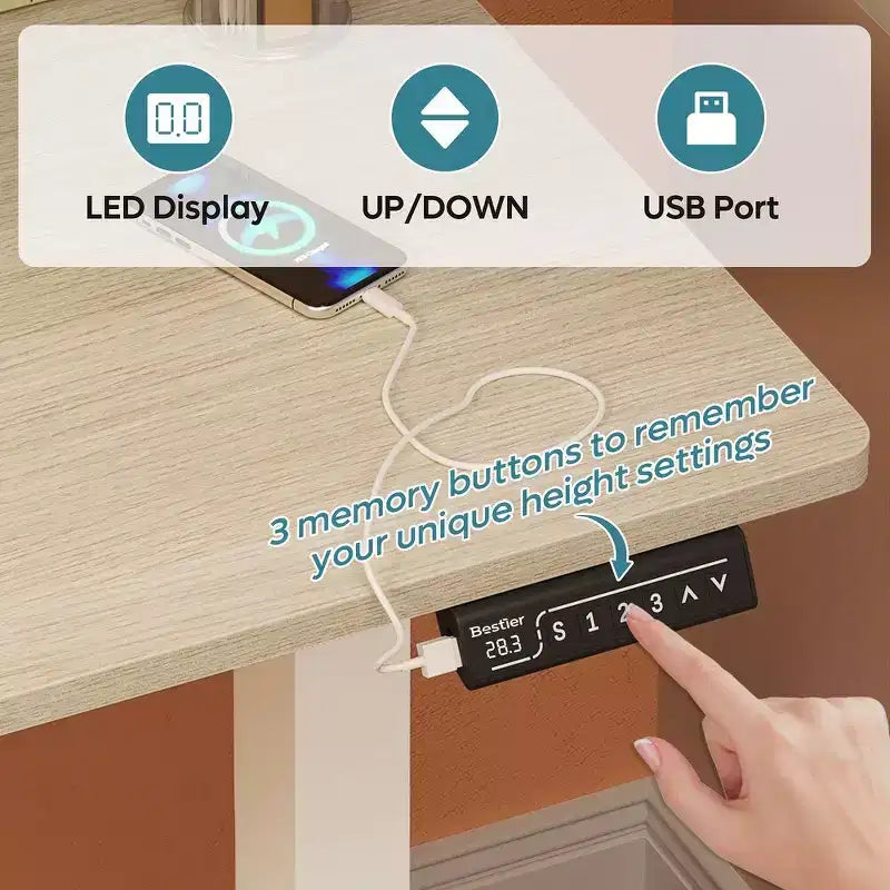 Bestier 55 Electric Standing Computer Desk with USB Port, Height Adjustable Simple Home Office Desk with Hooks & Side Bag, Sit to Stand workstation