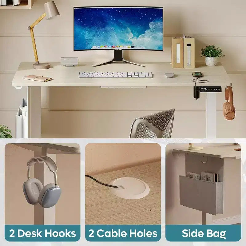 Bestier 55 Electric Standing Computer Desk with USB Port, Height Adjustable Simple Home Office Desk with Hooks & Side Bag, Sit to Stand workstation