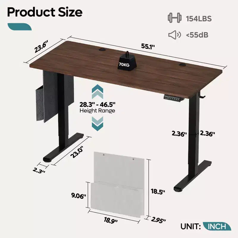 Bestier 55 Electric Standing Computer Desk with USB Port, Height Adjustable Simple Home Office Desk with Hooks & Side Bag, Sit to Stand workstation
