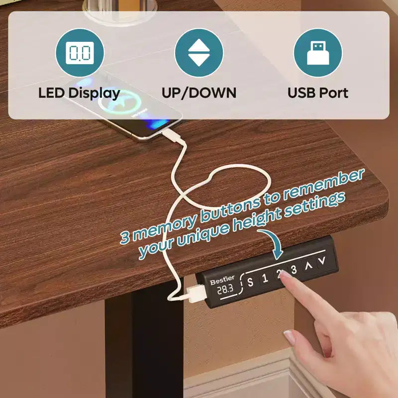 Bestier 55 Electric Standing Computer Desk with USB Port, Height Adjustable Simple Home Office Desk with Hooks & Side Bag, Sit to Stand workstation