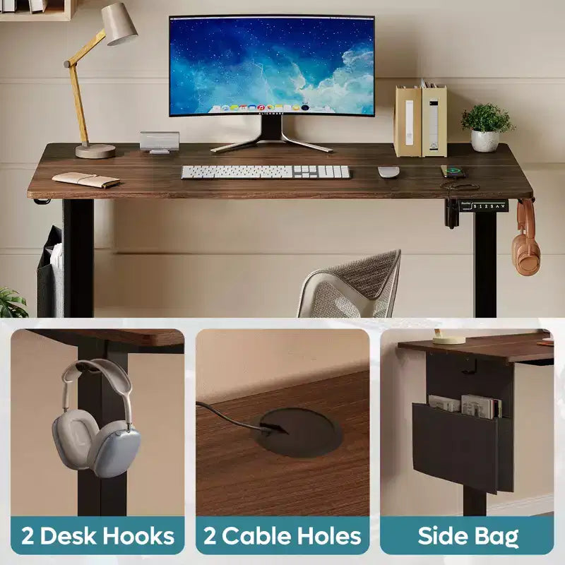Bestier 55 Electric Standing Computer Desk with USB Port, Height Adjustable Simple Home Office Desk with Hooks & Side Bag, Sit to Stand workstation