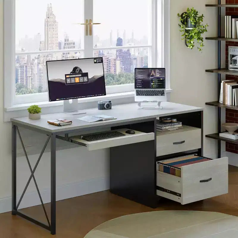 Bestier 55'' Office Desk with Keyboard Tray&File Drawers, Industrial Computer Desk with Storage, Wood Teacher Desk for Home Office