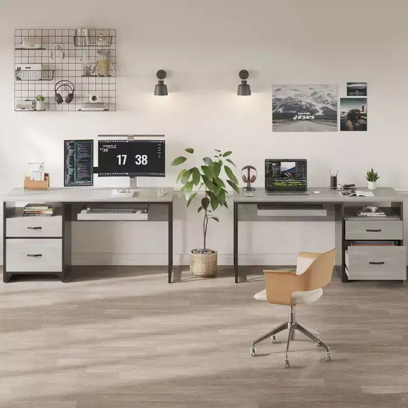 Bestier 55'' Office Desk with Keyboard Tray&File Drawers, Industrial Computer Desk with Storage, Wood Teacher Desk for Home Office