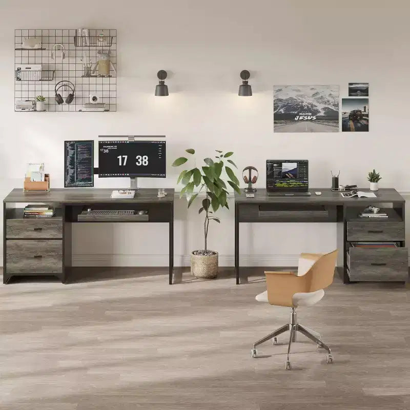Bestier 55'' Office Desk with Keyboard Tray&File Drawers, Industrial Computer Desk with Storage, Wood Teacher Desk for Home Office