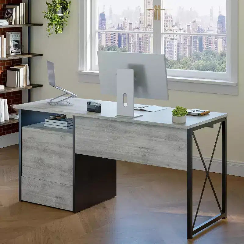 Bestier 55'' Office Desk with Keyboard Tray&File Drawers, Industrial Computer Desk with Storage, Wood Teacher Desk for Home Office