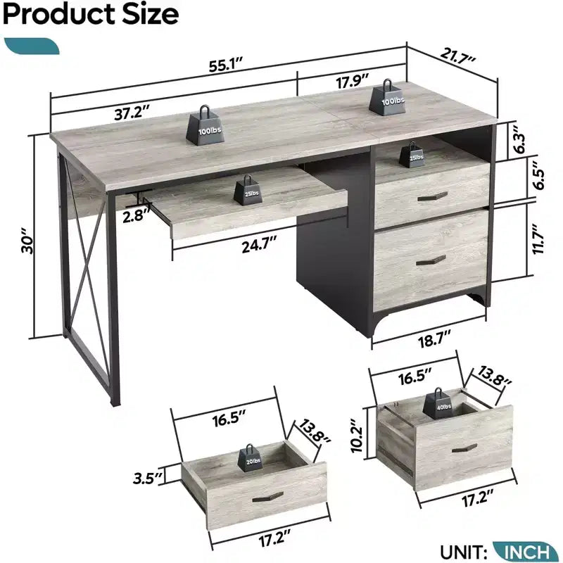 Bestier 55'' Office Desk with Keyboard Tray&File Drawers, Industrial Computer Desk with Storage, Wood Teacher Desk for Home Office
