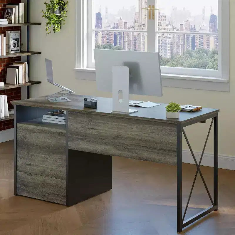 Bestier 55'' Office Desk with Keyboard Tray&File Drawers, Industrial Computer Desk with Storage, Wood Teacher Desk for Home Office
