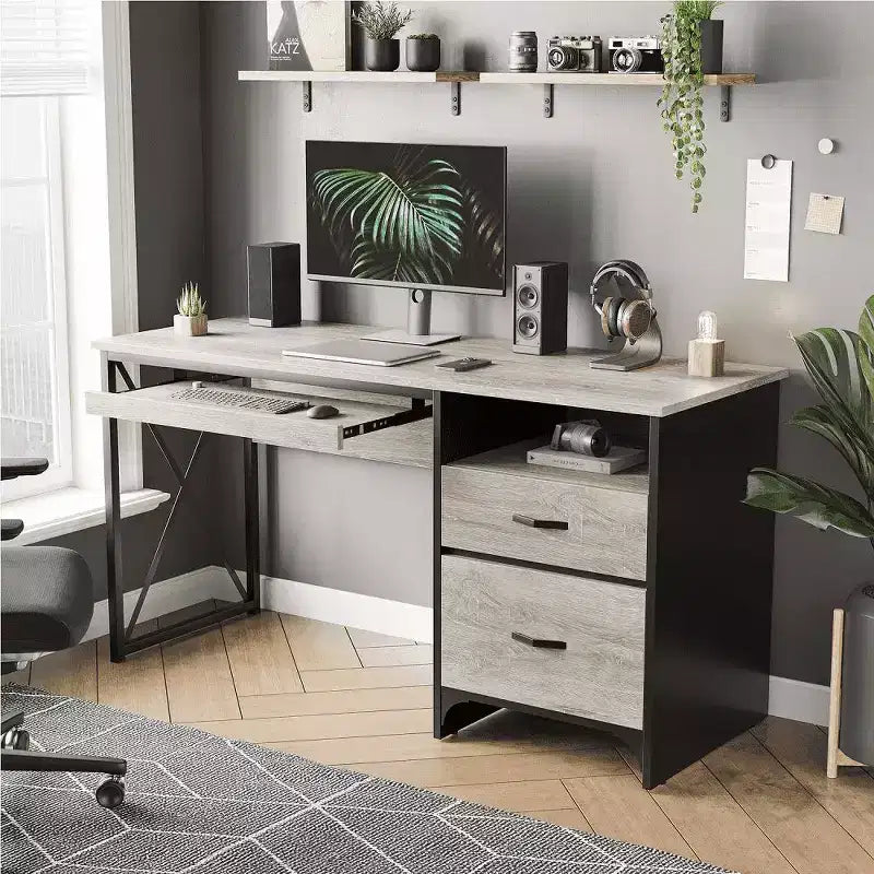 Bestier 55'' Office Desk with Keyboard Tray&File Drawers, Industrial Computer Desk with Storage, Wood Teacher Desk for Home Office
