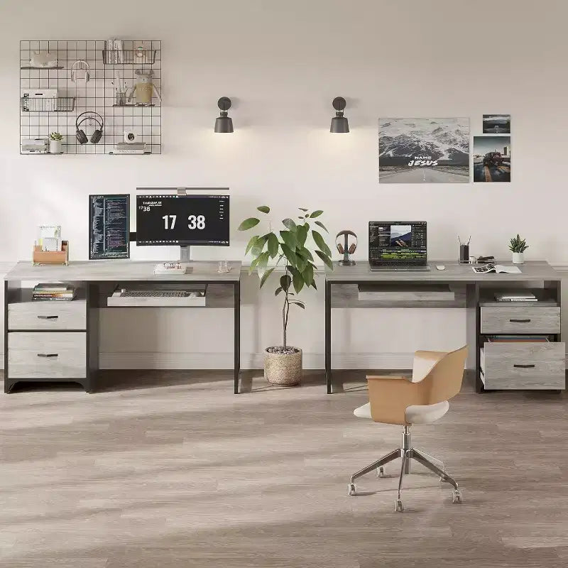 Bestier 55'' Office Desk with Keyboard Tray&File Drawers, Industrial Computer Desk with Storage, Wood Teacher Desk for Home Office