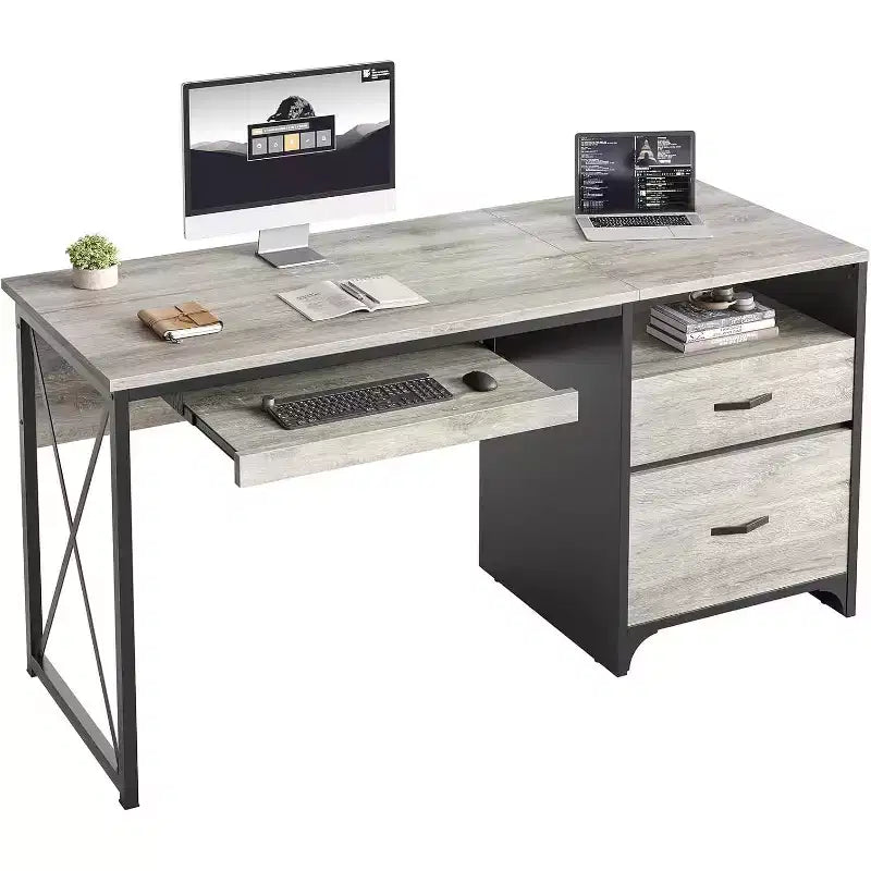 Bestier 55'' Office Desk with Keyboard Tray&File Drawers, Industrial Computer Desk with Storage, Wood Teacher Desk for Home Office