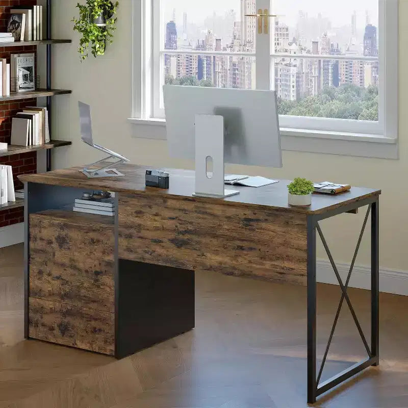 Bestier 55'' Office Desk with Keyboard Tray&File Drawers, Industrial Computer Desk with Storage, Wood Teacher Desk for Home Office