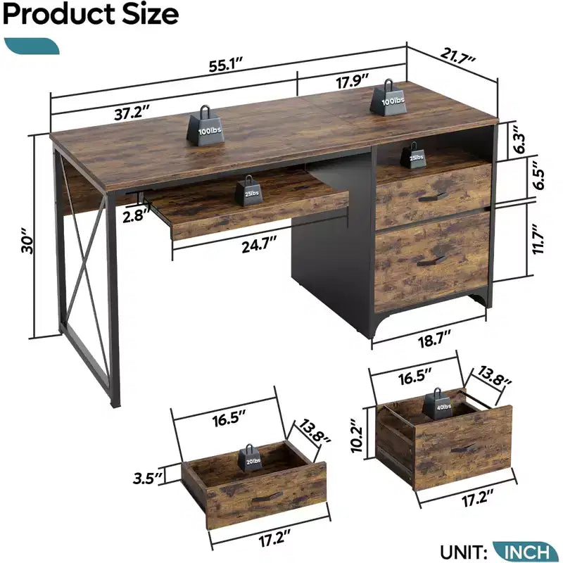 Bestier 55'' Office Desk with Keyboard Tray&File Drawers, Industrial Computer Desk with Storage, Wood Teacher Desk for Home Office