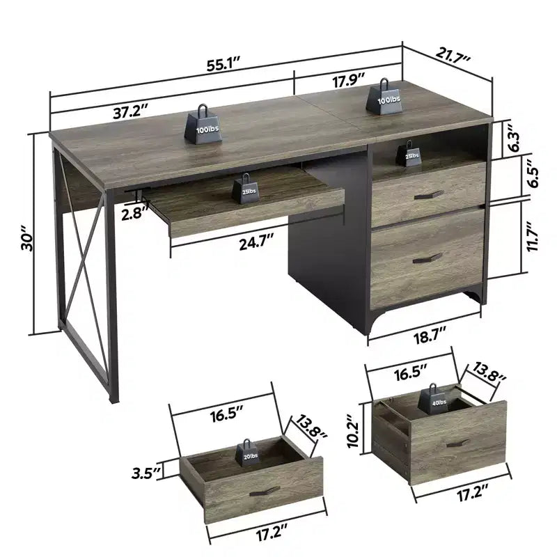 Bestier 55'' Office Desk with Keyboard Tray&File Drawers, Industrial Computer Desk with Storage, Wood Teacher Desk for Home Office