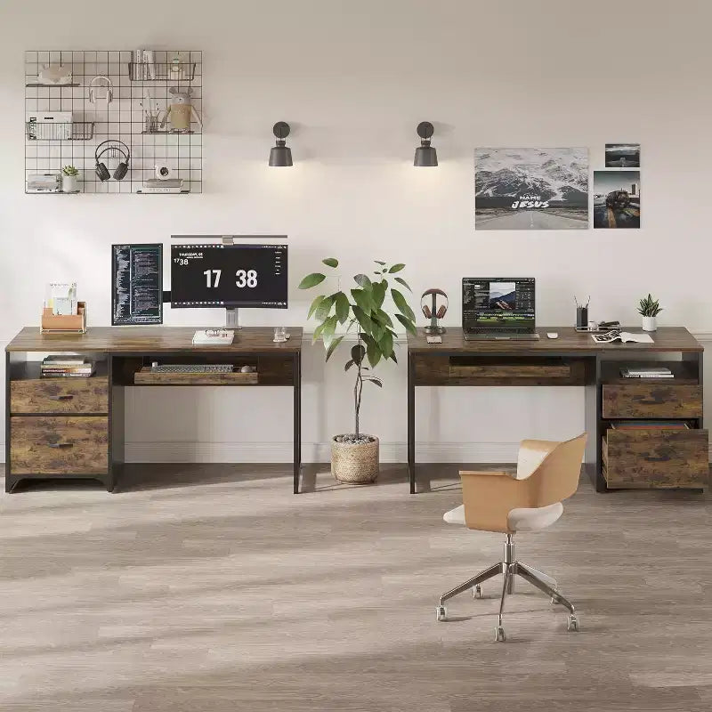 Bestier 55'' Office Desk with Keyboard Tray&File Drawers, Industrial Computer Desk with Storage, Wood Teacher Desk for Home Office