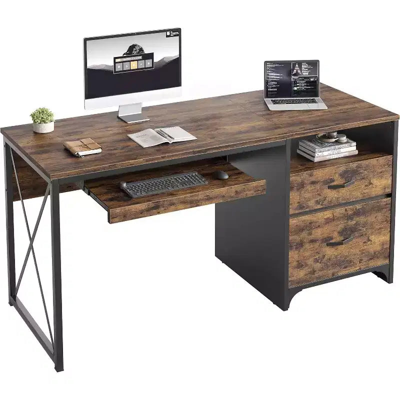 Bestier 55'' Office Desk with Keyboard Tray&File Drawers, Industrial Computer Desk with Storage, Wood Teacher Desk for Home Office