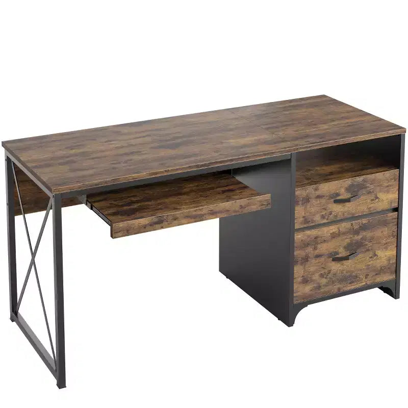 Bestier 55'' Office Desk with Keyboard Tray&File Drawers, Industrial Computer Desk with Storage, Wood Teacher Desk for Home Office