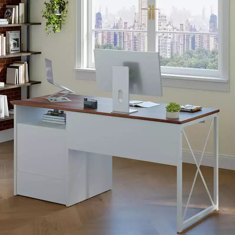 Bestier 55'' Office Desk with Keyboard Tray&File Drawers, Industrial Computer Desk with Storage, Wood Teacher Desk for Home Office