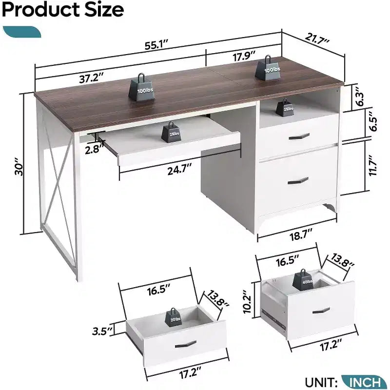 Bestier 55'' Office Desk with Keyboard Tray&File Drawers, Industrial Computer Desk with Storage, Wood Teacher Desk for Home Office