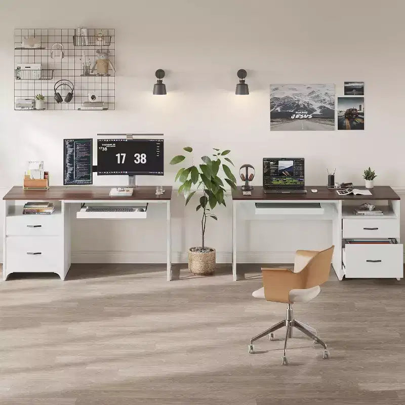 Bestier 55'' Office Desk with Keyboard Tray&File Drawers, Industrial Computer Desk with Storage, Wood Teacher Desk for Home Office